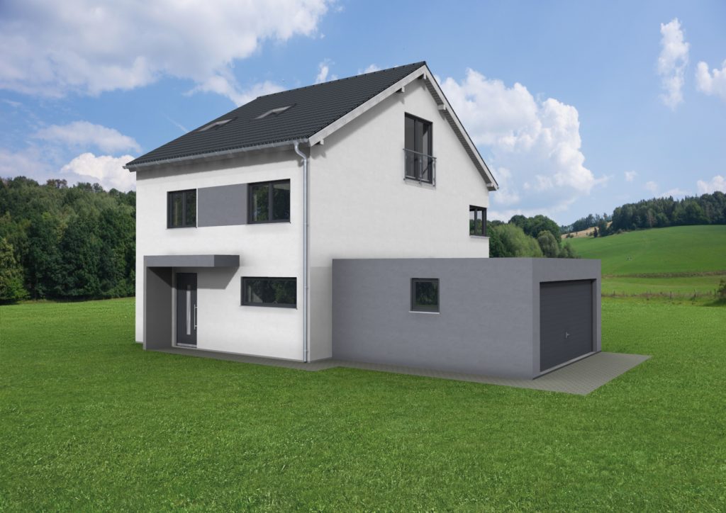 3D-Rendering eines modernen Hauses in ländlicher Umgebung.