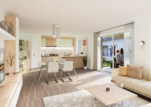 Ein Wohn- und Esszimmerbereich mit Sofa und Tisch im Hintergrund.