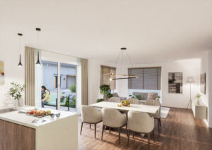 Eine Darstellung eines modernen Esszimmers und Wohnzimmers.