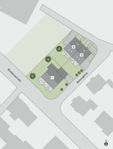 Bauplan eines modernen Einfamilienhauses von MMWohnbau mit umliegenden Grünflächen und Bäumen, geprägt von nachhaltigem Hausbau.
